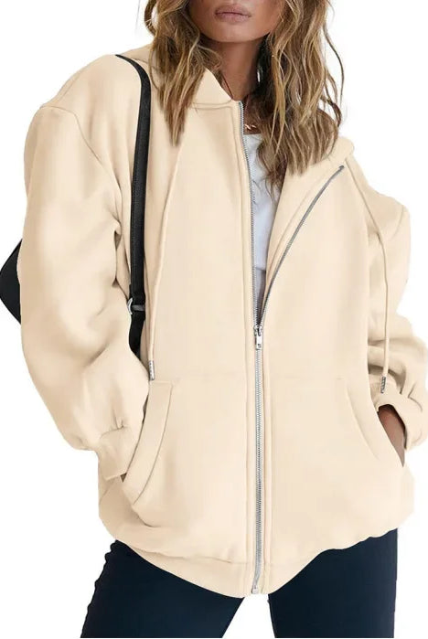 Fashion Gray Zip Up Sweatshirt Women Autumn Winter Jacket with hood, long sleeves, daily pockets, versatile solid casual wear