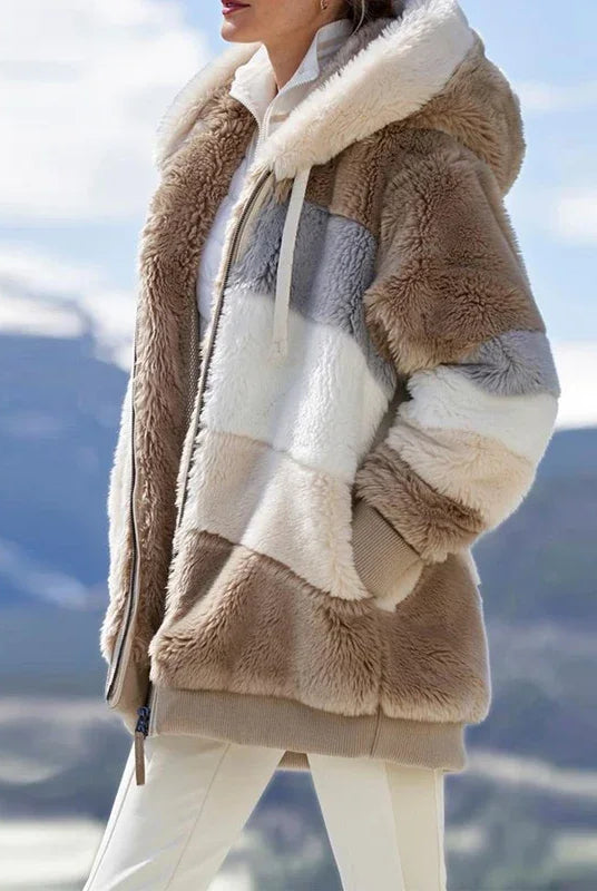 Winter Fashion Women's Coat with hood, zipper, plaid stitching, cashmere blend, in neutral tones, ideal for casual winter wear
