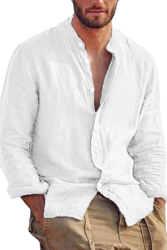 New Men's Solid Color Long Sleeve Shirt Linen Cotton Shirts Trend Plus-size Stand Collar Casual Lightweight Beach Tops
