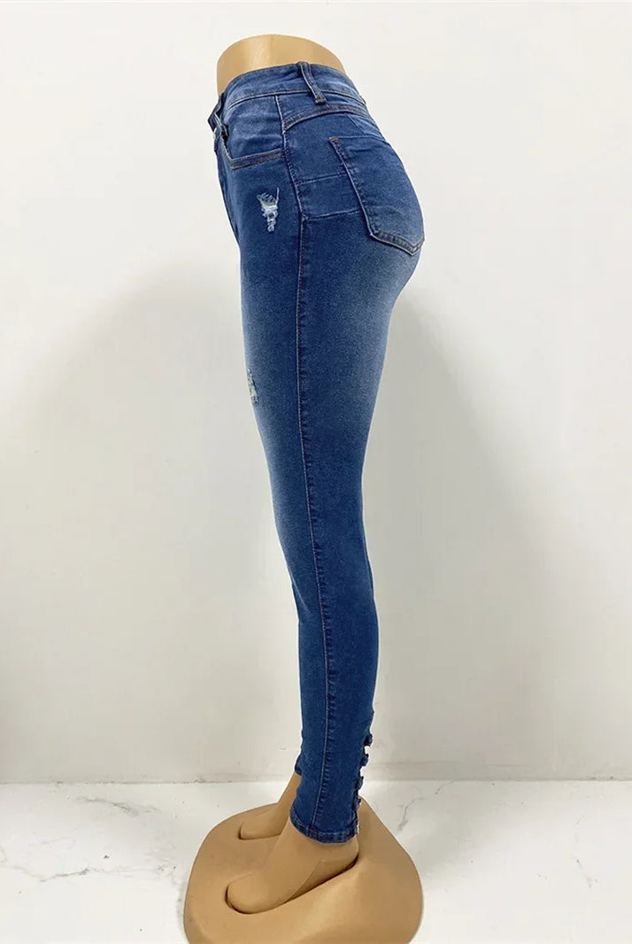 Spring 2025 Fashion Button Jeans Women casual skinny pencil pants with high waist, distressed and stretch denim, on a