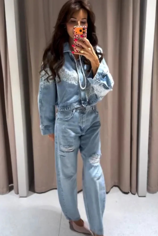 HH Spring Women Chic Lapel Single-breasted Lace Long Sleeve Short Denim Jacket with loose mid-rise distressed hole