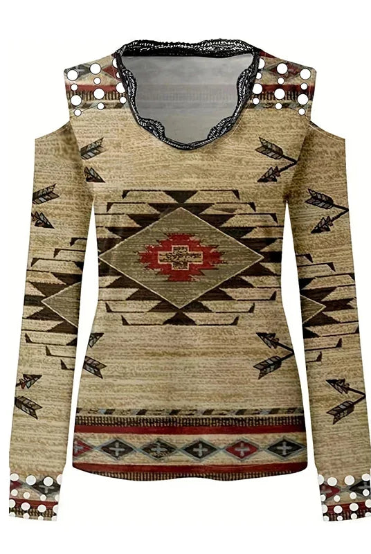 Geometric print lace trim V neck T-Shirt for women with cold shoulder long sleeves in beige with tribal-inspired patterns