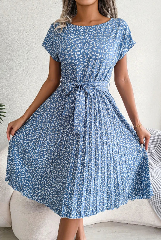 Gaun Berlipat Floral Wanita Gaun Midi Perban Ruched Lengan Pendek Leher-o Kasual Musim Panas Gaun Boho Chic A Line Pantai