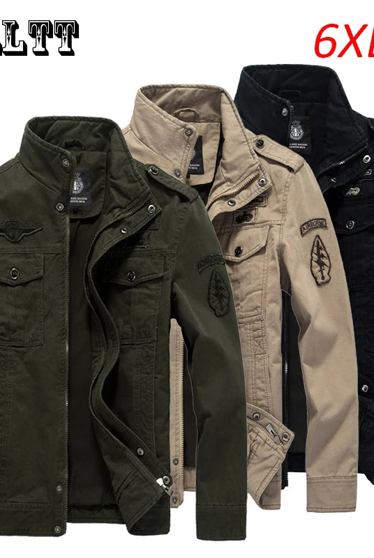 2023 Spring Autumn Men Casual Cargo Cotton Jackets Coats with embroidery, tactical military design, in green, beige, and