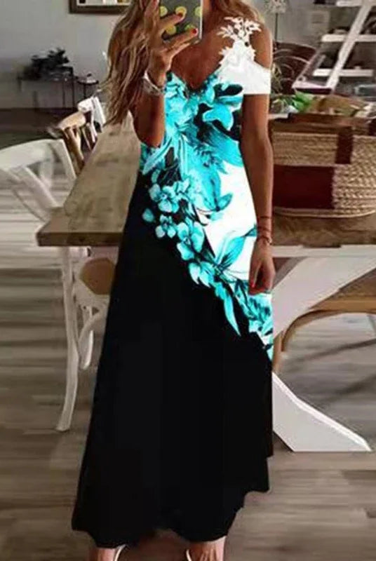 Women's Printed White Lace Sleeveless Suspender Dress Summer Fashion Casual Long Dress worn by a woman taking a mirror.