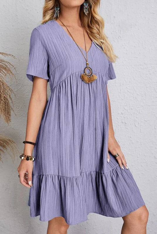 Vintage Solid Elegant Women Dress 2023 Summer Fashion casual V-neck high waist A-line mini dress with short sleeves in lavender color.