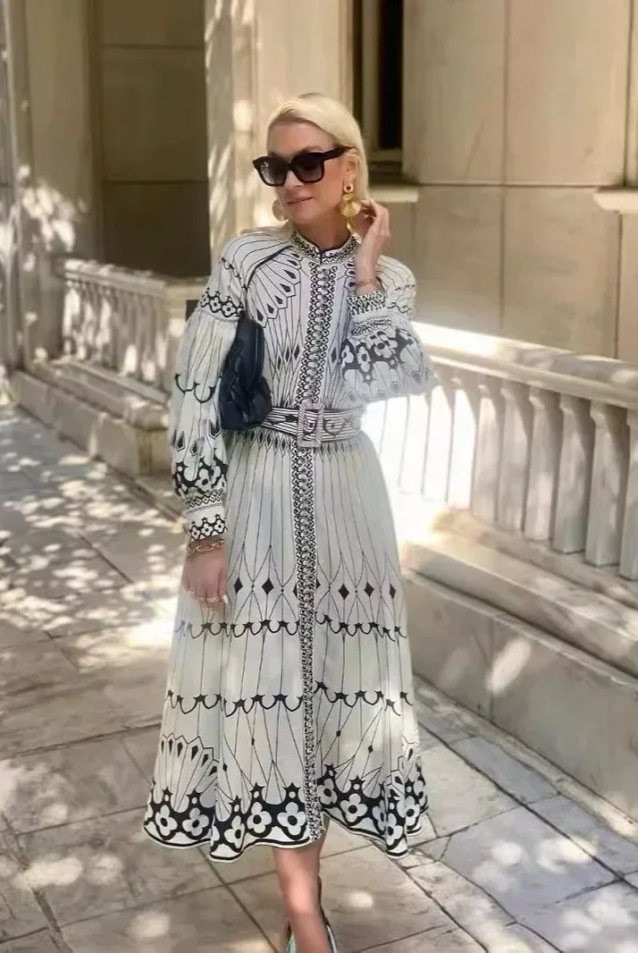 Retro elegant stand collar long dress for women with spring pattern print, belted buckle, long sleeves, A-line boho style