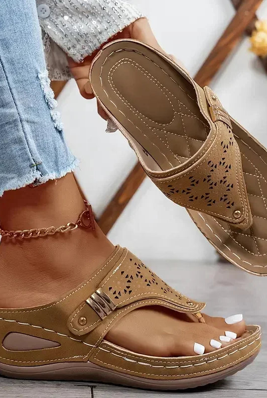 Summer Women Wedge Sandals Open Toe Outdoor Flip Flops with perforated beige synthetic upper, slip-on platform style, casual