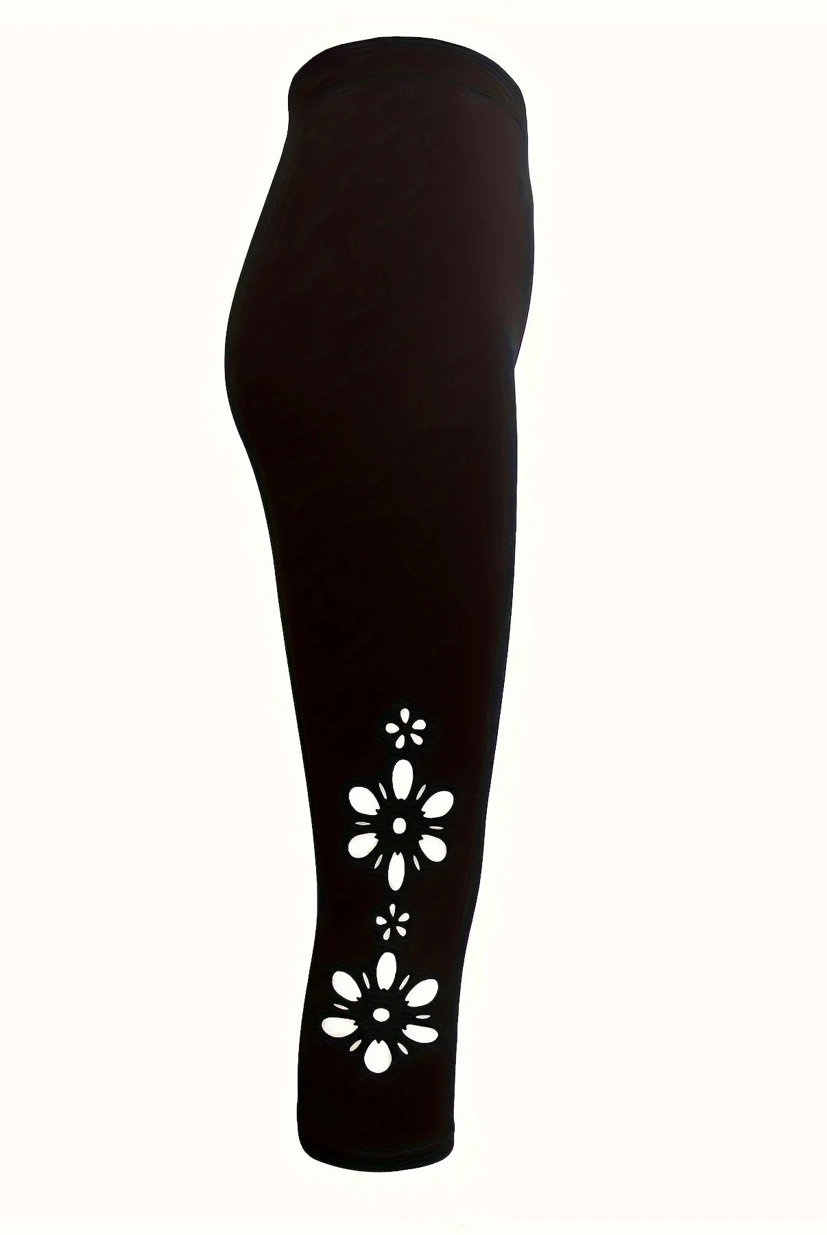 389 Women's Capri Leggings Hollow-Out Tights in black with floral cutouts, designed for activewear and casual fashion.