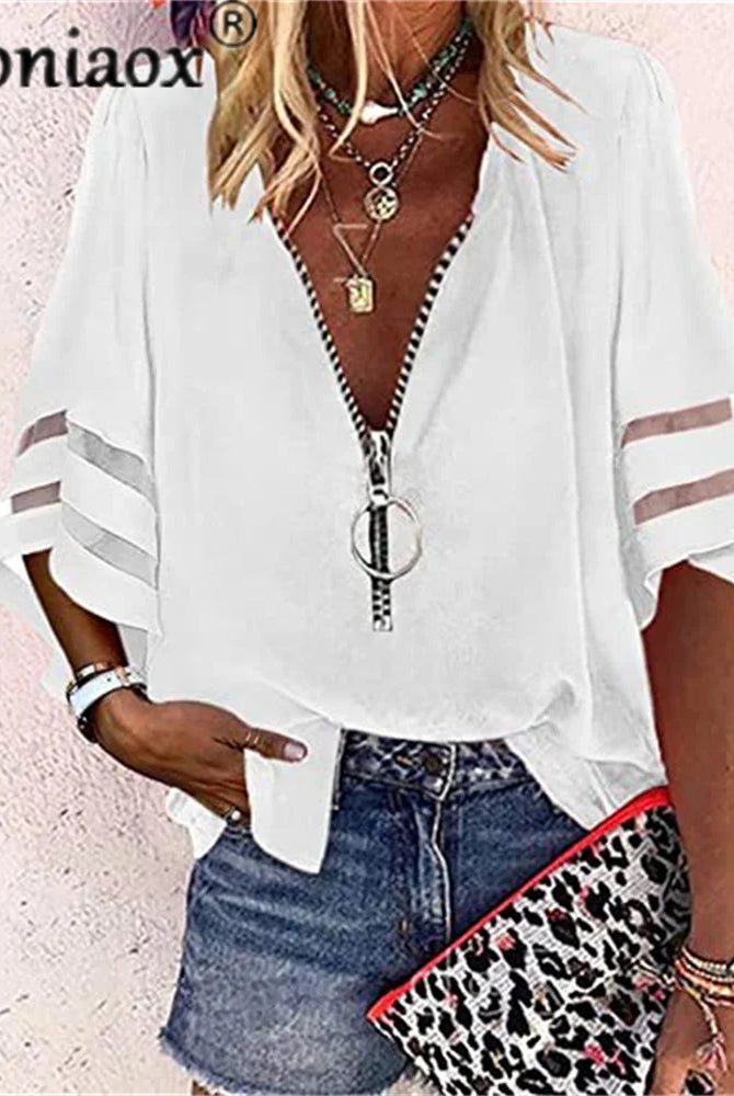 Sexy Lace Patchwork Flared Sleeve Mesh Solid Shirt Blouse 2022 summer women's V-neck casual top with sheer mesh fabric and
