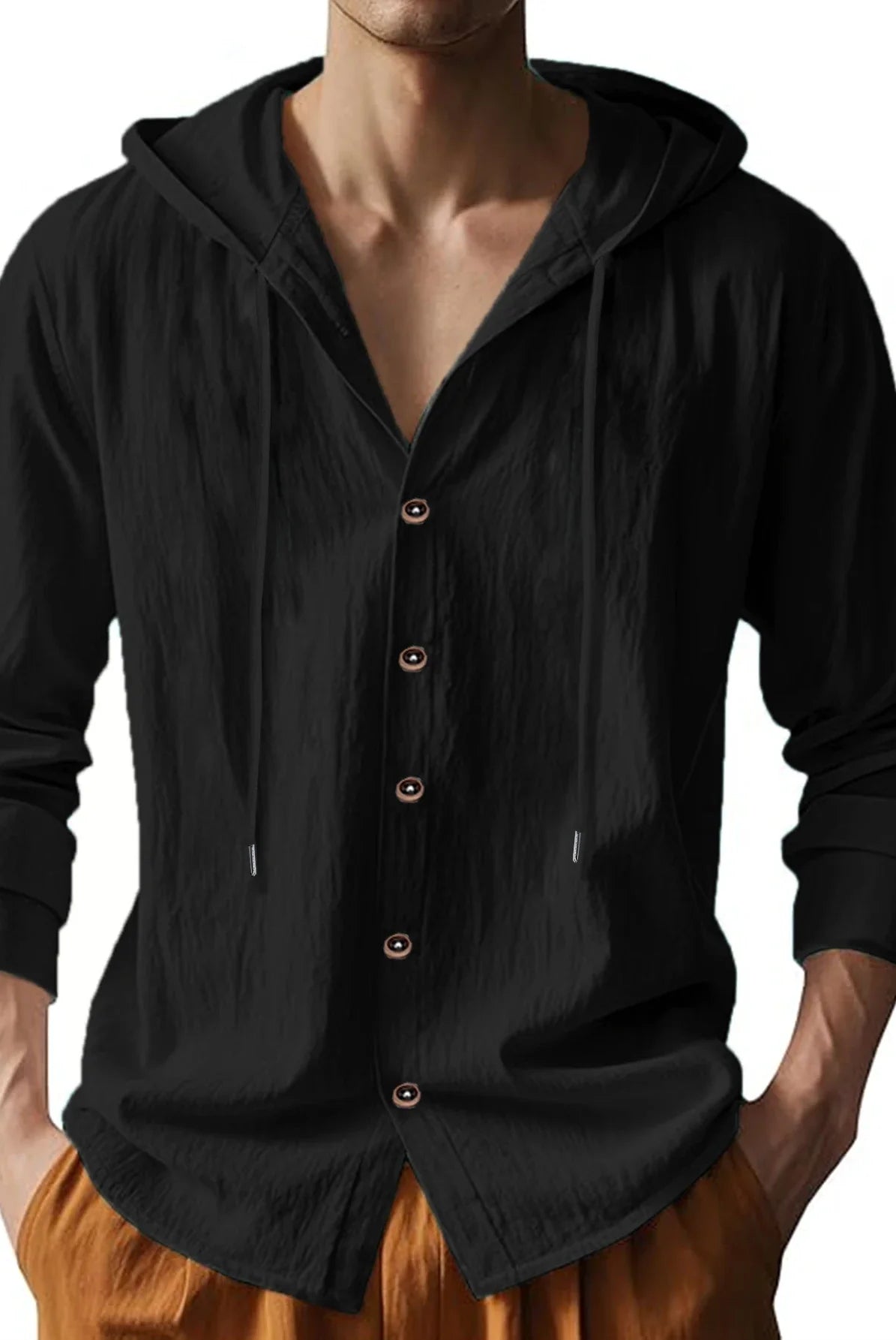 Summer Hot Sale Beach Style Shirts Men's Long-Sleeved Hooded Cotton Linen Solid Color Casual Collar Shirt in black