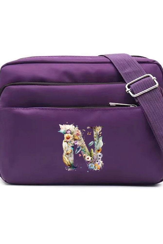 Leisure Purple One Shoulder Crossbody Bag with floral letter N print, large capacity, adjustable strap, made of durable