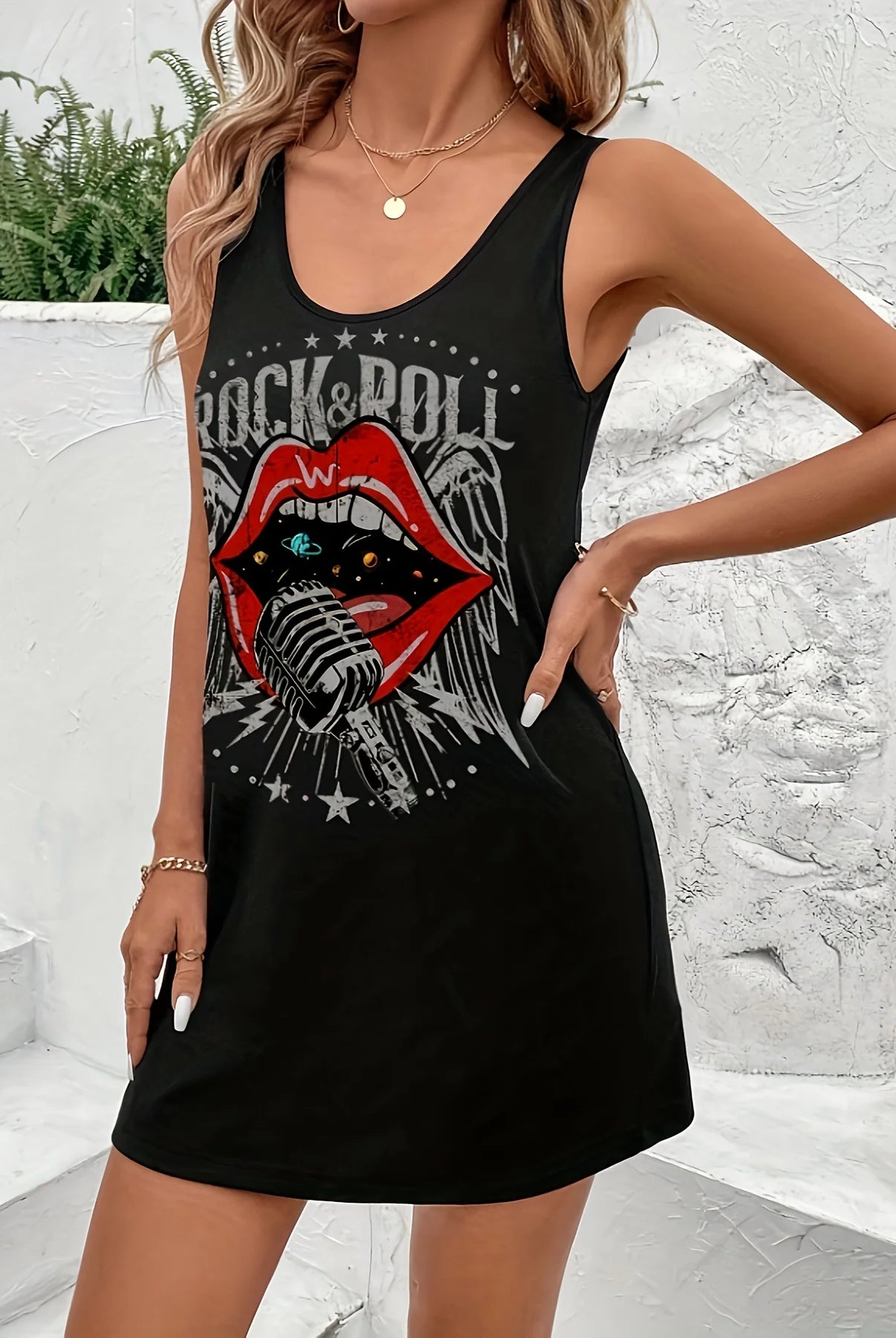 Women's summer sleeveless tank top dress with black print featuring lips, microphone, and rock & roll text, casual and lightweight.
