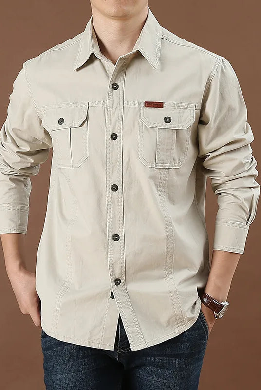 100% cotton men's long-sleeve casual shirt from the Spring Fall Fashion collection, solid color with multiple pockets, large size cargo jacket.