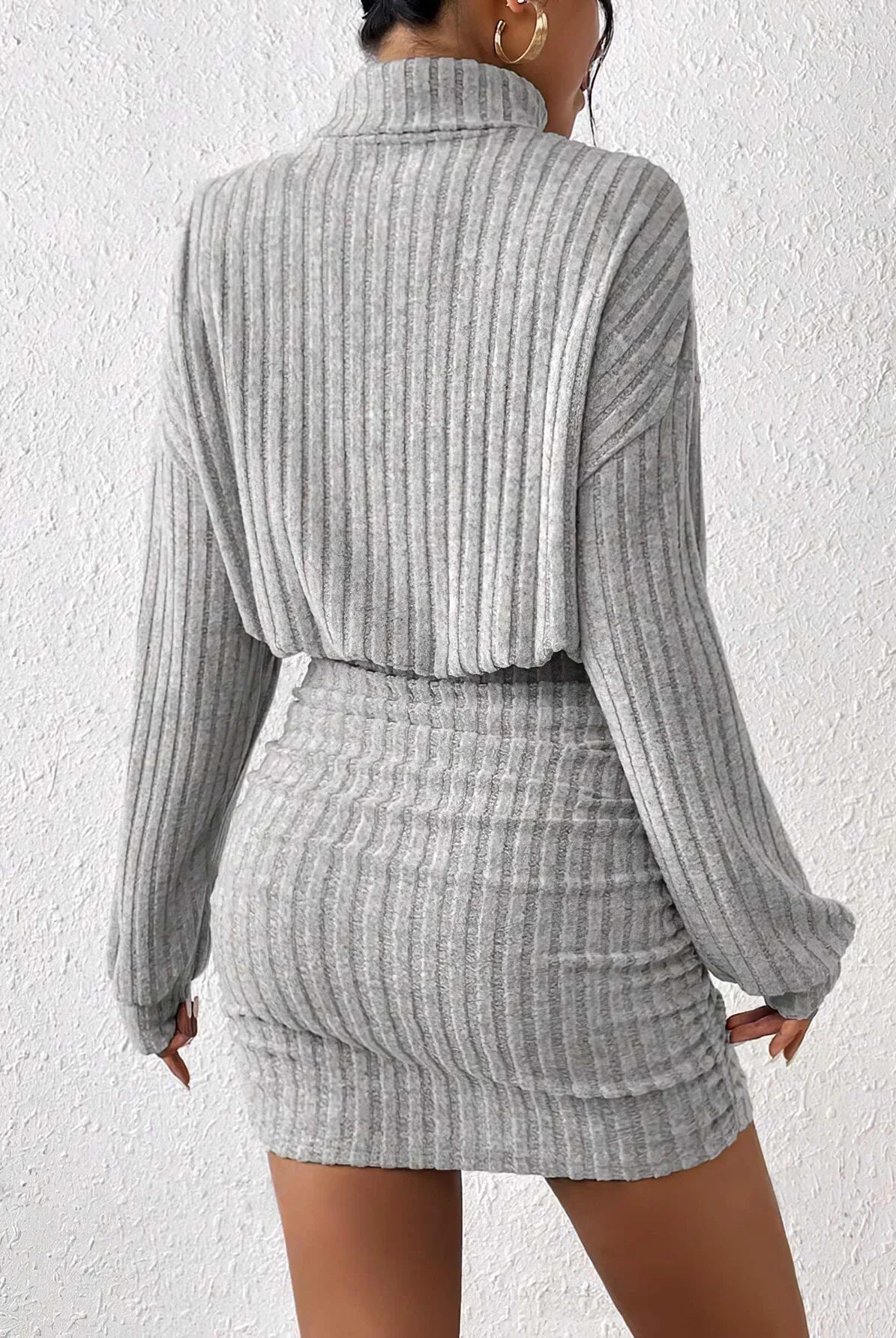 Women's Autumn Winter Fashion high neck knitted sweater dress in grey, long sleeve, solid, loose fit, mid-length, warm