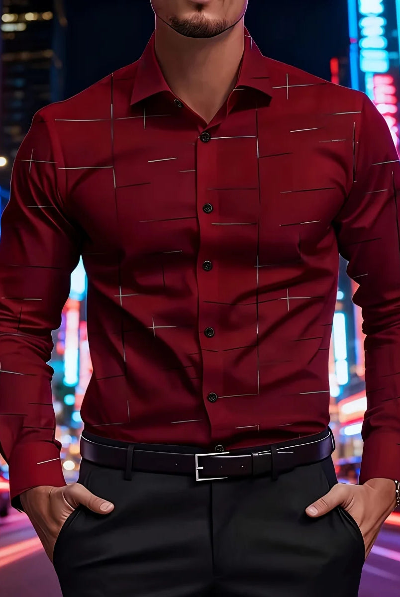 Men's Trendy Geometric 3D Line Print Long-Sleeved Button-Up Shirt in white with a lapel collar, worn by a male model in an