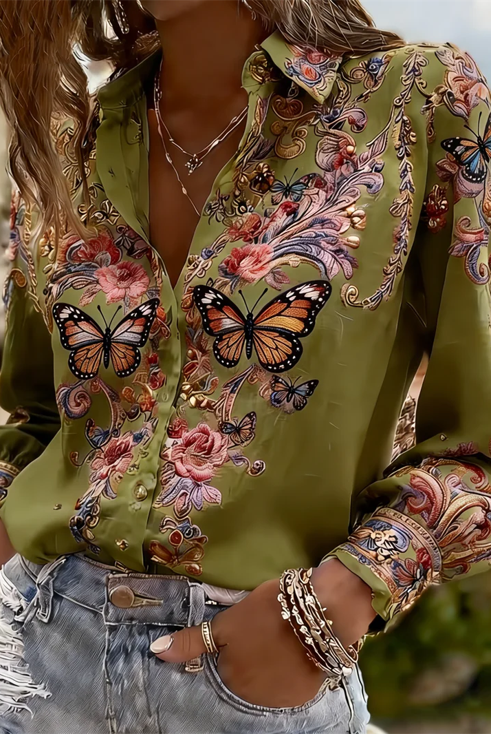 New 11 color long-sleeved women's shirt with 3D flower print, butterfly motifs, and tree branch pattern on lapel, made of lightweight fabric.