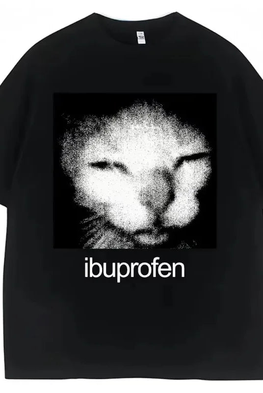 2025 Vintage Funny Ibuprofen Cat Meme Graphic T Shirt for men and women, oversized casual streetwear with black fabric and
