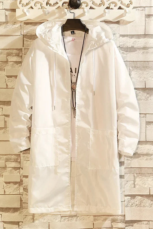 Summer lightweight men's windbreaker outdoor beachwear sun protection long coat in white, casual style, thin model, suitable