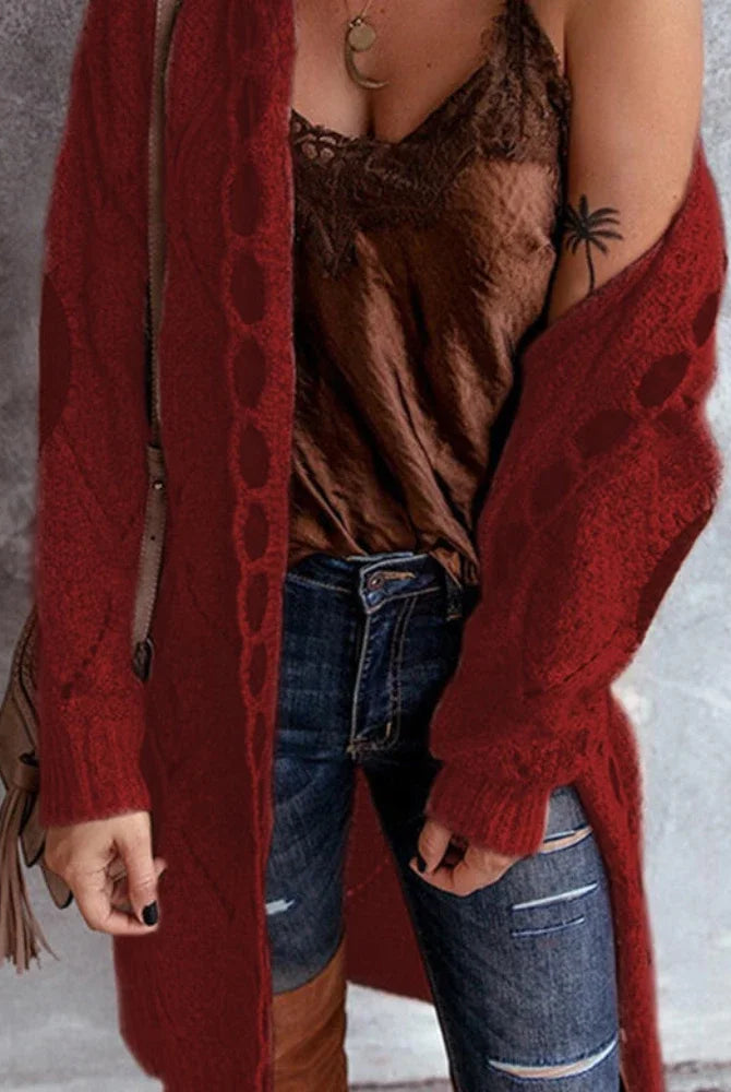 Vintage Women Oversized Hooded Long Cardigan Knitted Sweater Jumper Sweaters Knitted Plaid Casual Brown Coat Jersey Mujer