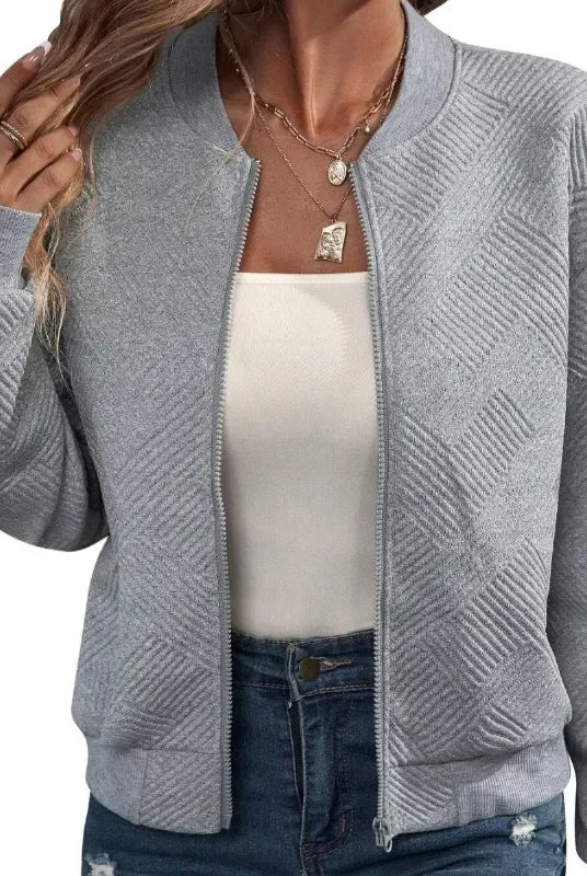2025 Autumn and Winter new fashion women's sweaters coats plus size solid color zipper jacket casual top for women clothing in light gray with textured pattern