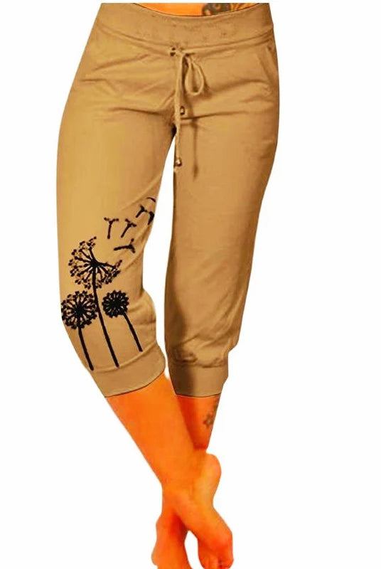 Fashion Mid-calf Lady Capri Pants 2023 Summer drawstring pockets cropped pants with dandelion flower print for womens outdoor sports.