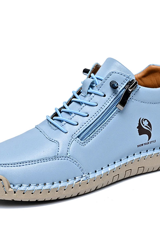 Women casual shoes non-slip wear-resistant outdoor Tenis with leather breathable upper, light blue color, featuring side