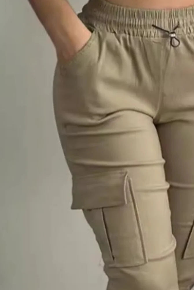 Summer Women's Slim-Fit Capri Trousers in solid beige with high waist, multiple pockets, lace-up detail, and tight leg fit.