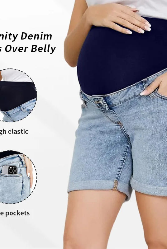 Pregnancy Capri Jeans High Waist Tummy Control Rolled Cuff Denim Shorts showing high elastic waistband and side pockets for maternity comfort