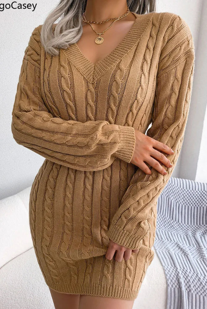 VigoCasey 2025 khaki long sleeve V neck casual knit dress with cable pattern, suitable for autumn and winter, bodycon fit