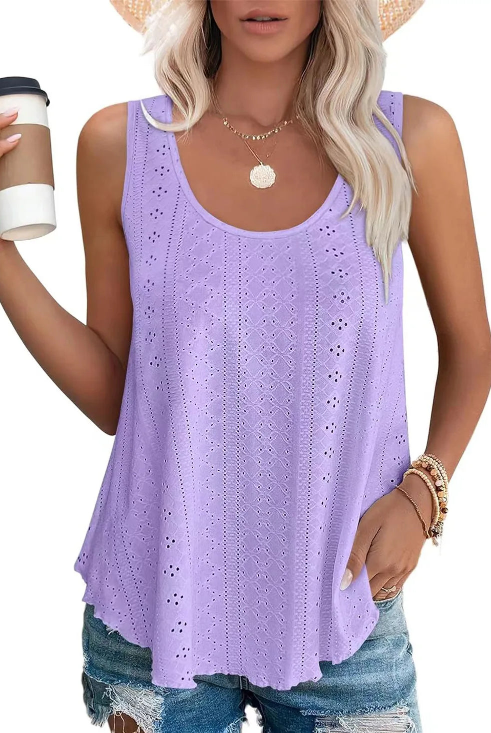 Solid color casual loose sleeveless oversized T-shirts for women 2025 summer, lavender with eyelet embroidery, worn with