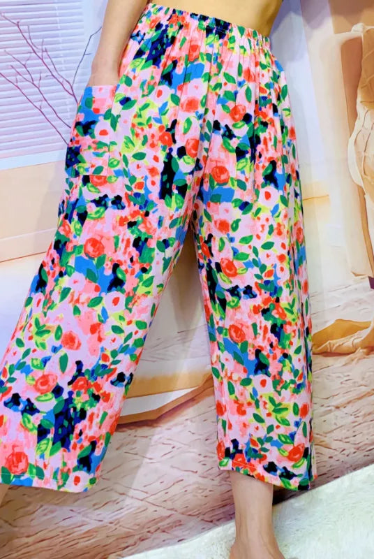 Capri Pants for Women High Waisted Wide Leg Cropped Casual Lounge Pant Summer Capris with Pockets featuring a colorful