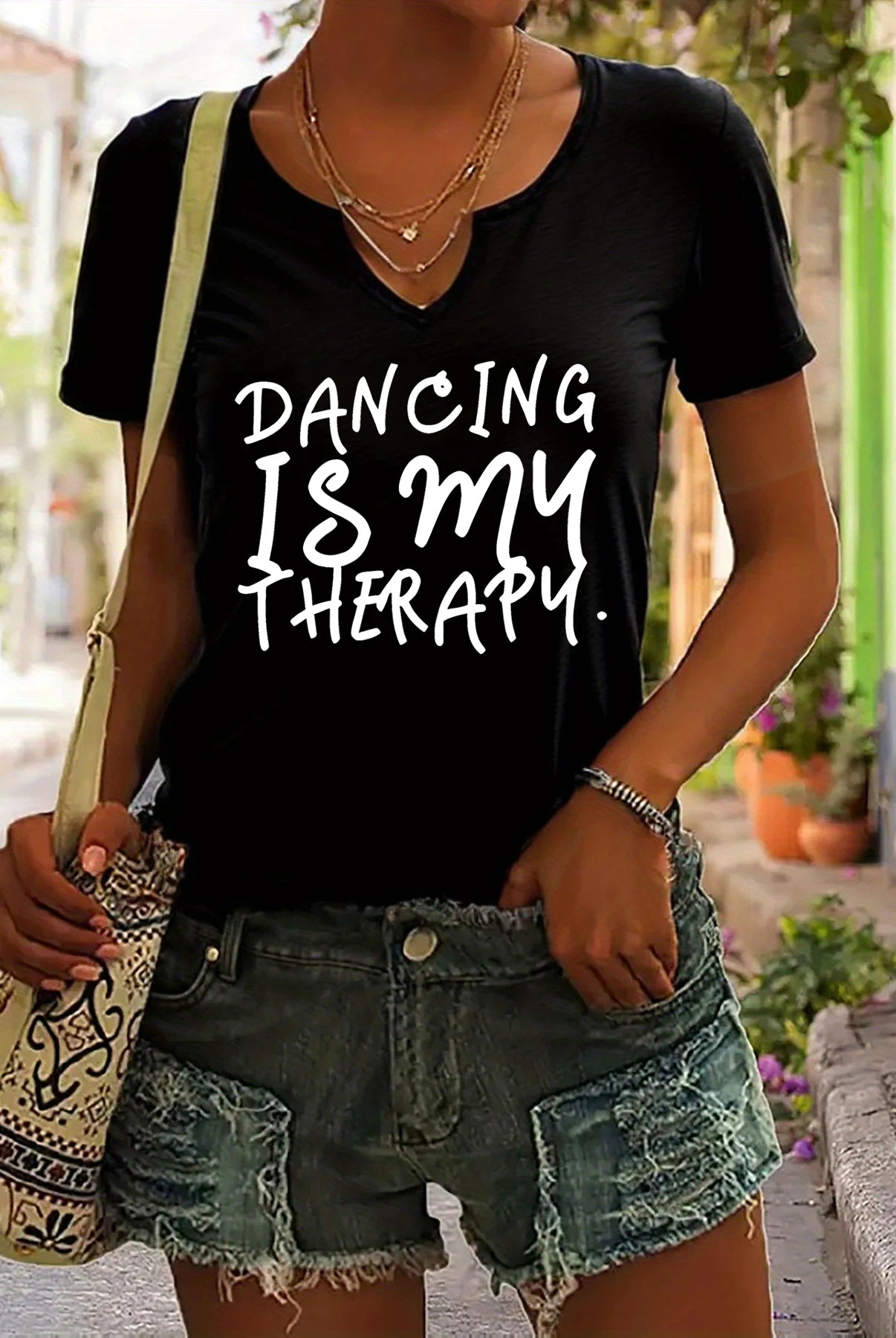 Women's Summer V-Neck Short Sleeve T-Shirt with Dancing Is My Therapy slogan print, black casual top for dance lovers.
