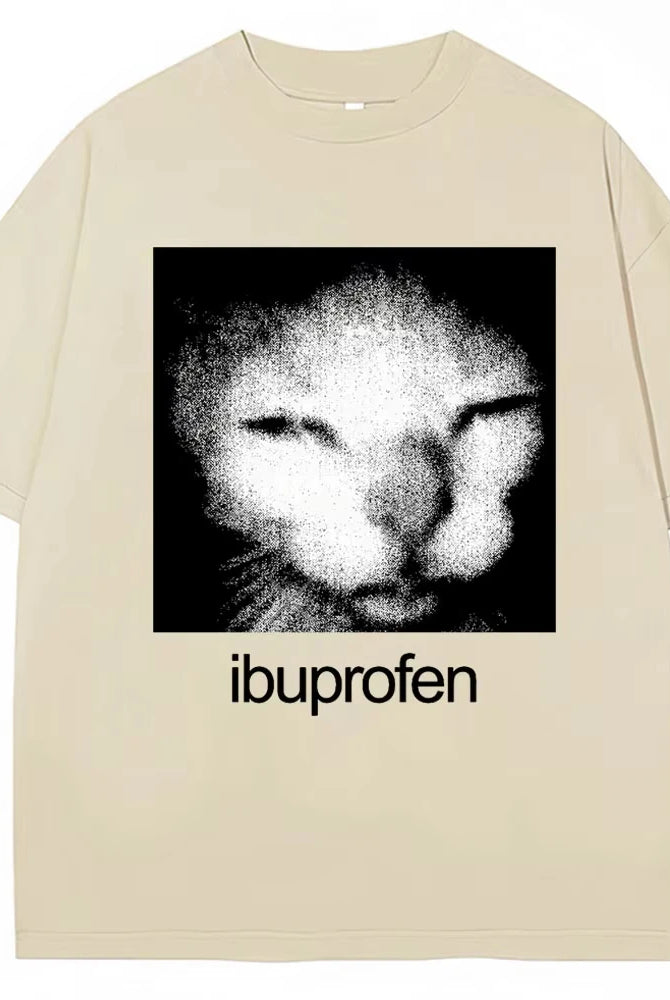 2025 Vintage Funny Ibuprofen Cat Meme Graphic T Shirt with black and white cat face design, oversized casual streetwear for