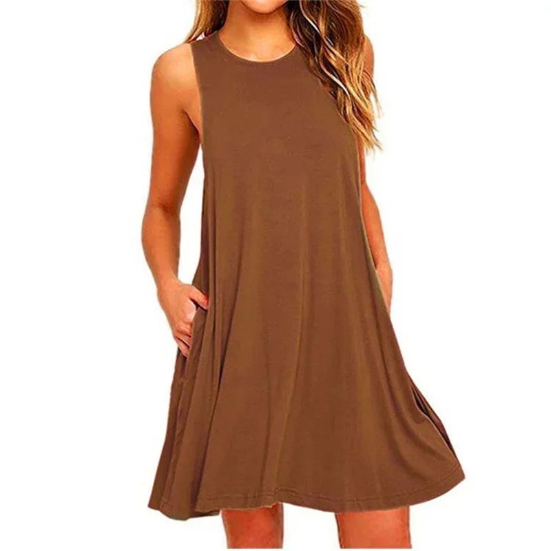 Women's Dress Summer Casual T Shirt Dresses Beach Cover Up Plain Pleated Tank Pockets Dress in brown, sleeveless, knee-length, lightweight fabric.