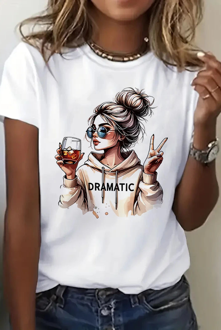 Streetwear 90s women's casual graphic T-shirt with a Dramatic print featuring a woman with sunglasses holding a wine glass, in white cotton material.