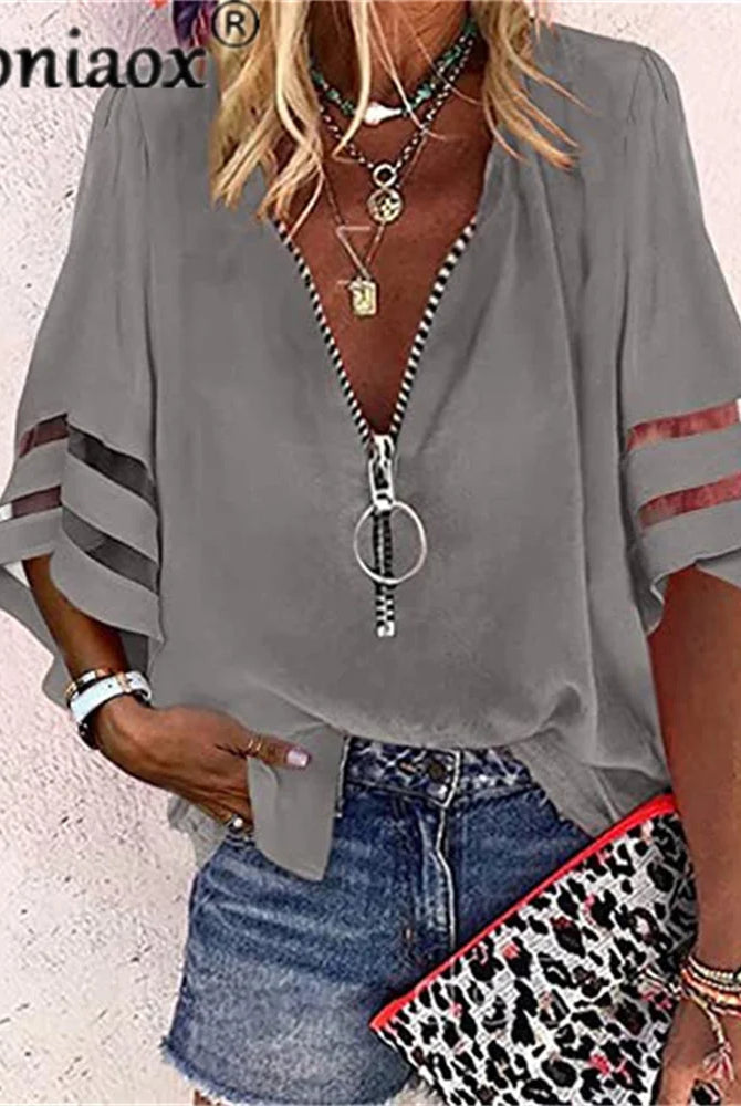 Sexy Lace Patchwork Flared Sleeve Mesh Solid Shirt Blouse in gray with zipper V-neck, casual summer streetwear for women.