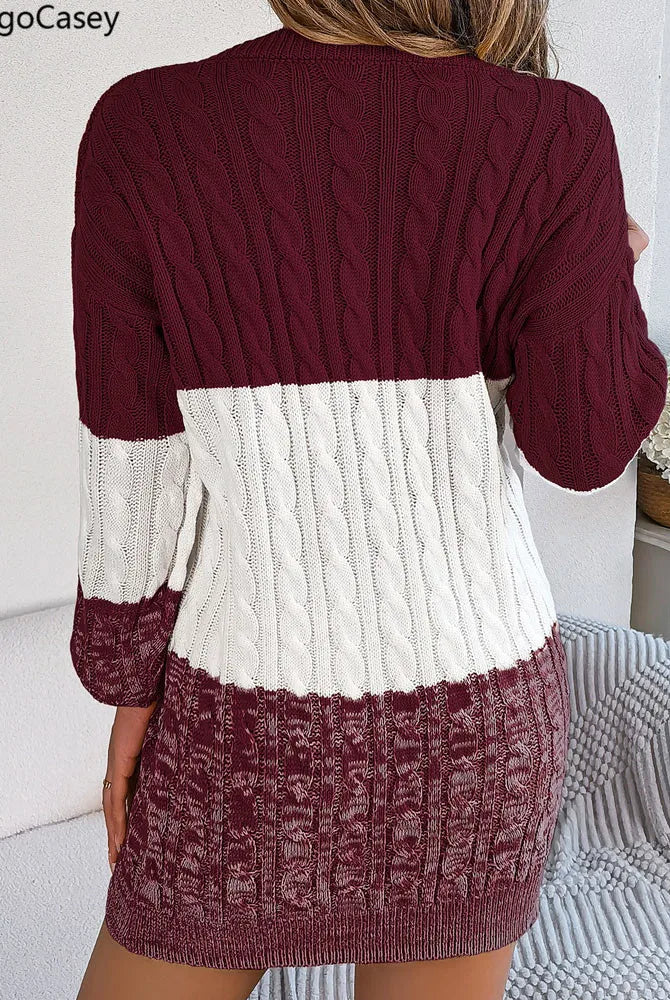 VigoCasey 2025 casual long sleeve bodycon knit dress in burgundy, white, and maroon with cable patterns, suitable for autumn