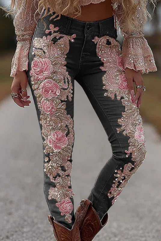 3D Floral Womens Straight Leg Jeans with pink and beige embroidery, casual stretch denim, designed for daily wear and street style.