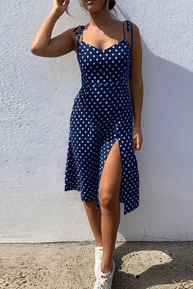 Summer womens casual polka dot sundress with sleeveless design, high pleated elastic waist, V-neck, side slit, blue fabric