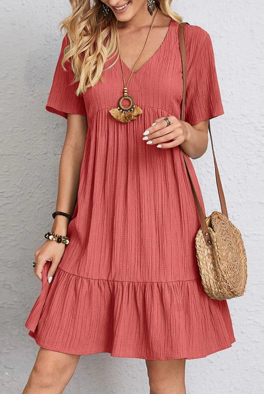 Vintage Solid Elegant Women Dress 2023 Summer Fashion Casual V-Neck High Waist A-Line Mini Dress with Short Sleeves in coral color, suitable for parties and casual wear.