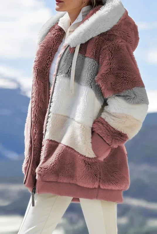 Winter Fashion Women's Coat featuring a casual hood, zipper, cashmere blend, and plaid stitching, perfect for stylish cold-weather wear.