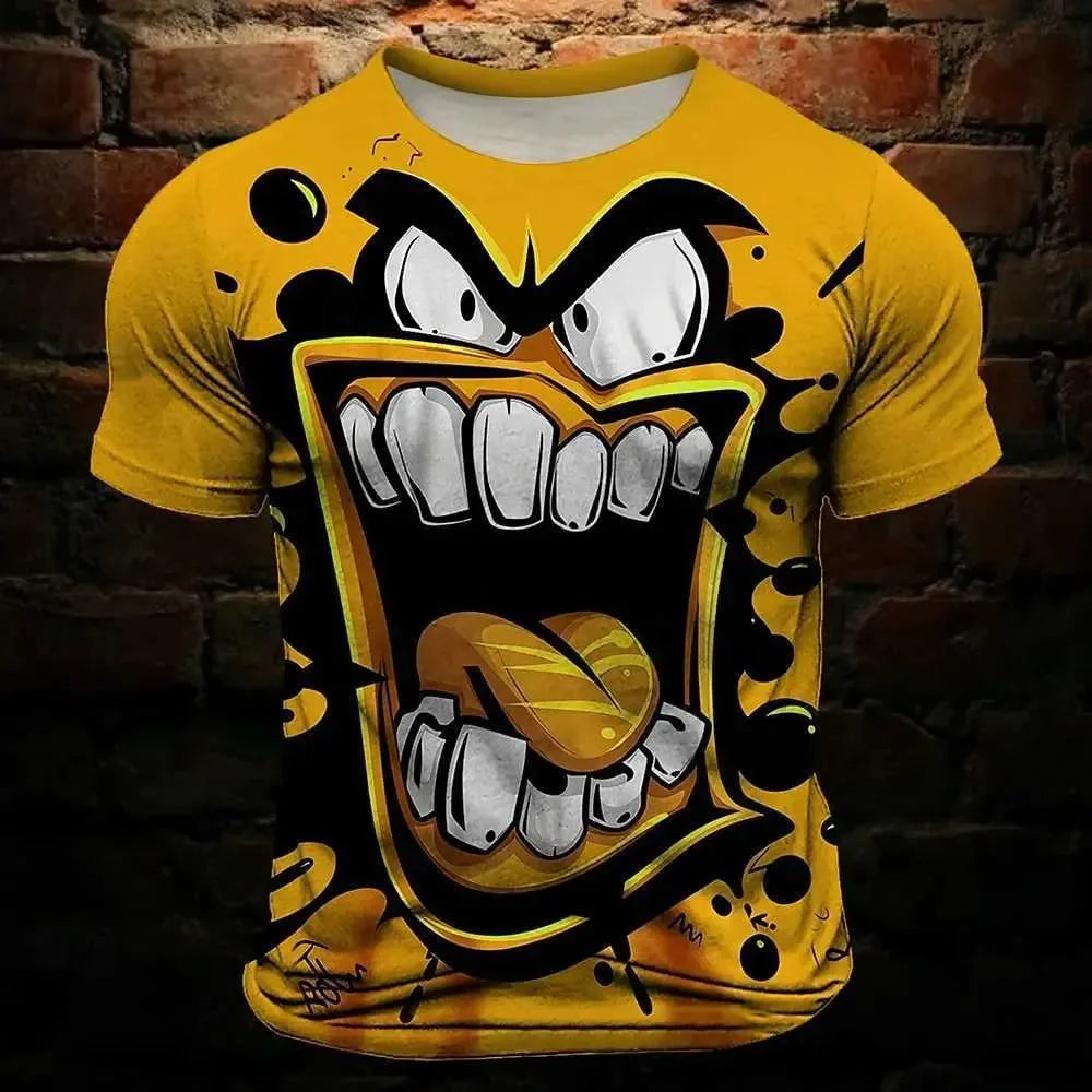 Men's T Shirt Tee with a yellow background featuring a bold, cartoonish grimace face with 3D print design, short sleeves