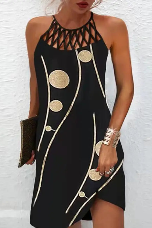 2024 Summer National Wind Positioning Printing Mesh Belt Sleeveless Casual Dress in black with gold geometric patterns and a mesh neckline.