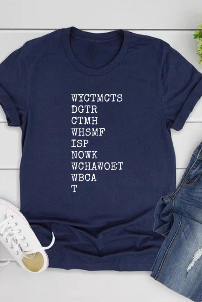 Will You Come To My Cottage This Summer Quote T-Shirt in navy with white text, paired with distressed jeans and white