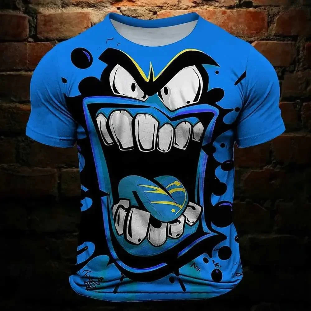 Mens T Shirt Tee Funny Grimace 3D print vintage fashion short sleeve crew neck casual top in blue with cartoonish angry face