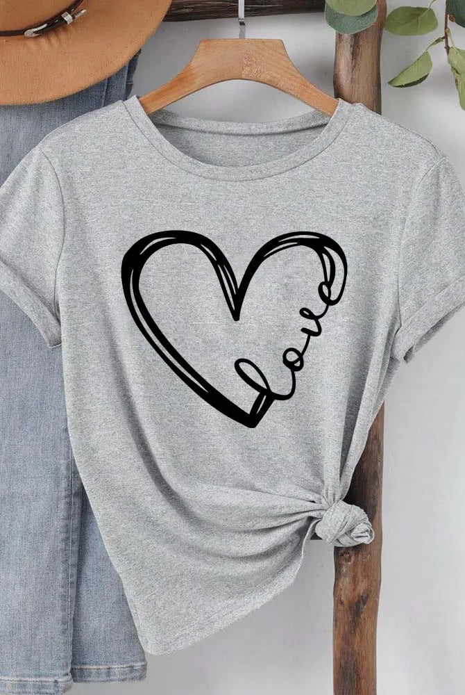 Love Heart Printed Trend Women Fashion Clothing Graphic T-shirt with a black heart and love script design, short sleeves, casual gray tee.