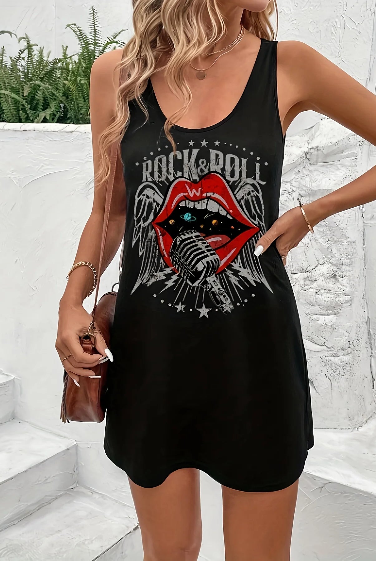 Women's summer sleeveless tank top dress with a graphic of red lips, a microphone, and Rock & Roll text, casual loose fit for warm weather.