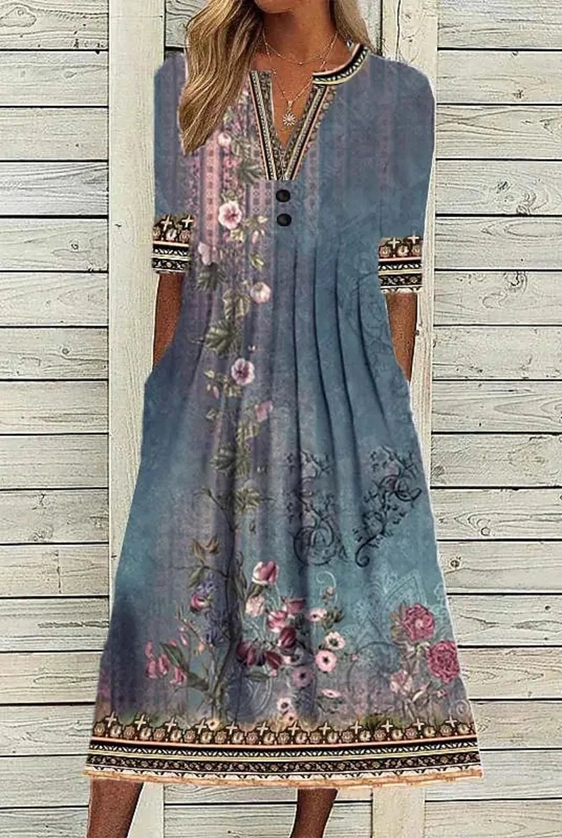 Fashion Elegant Casual Dress Woman Short Sleeve Loose Dress with floral print, embroidery details, and V-neck design for holiday wear.