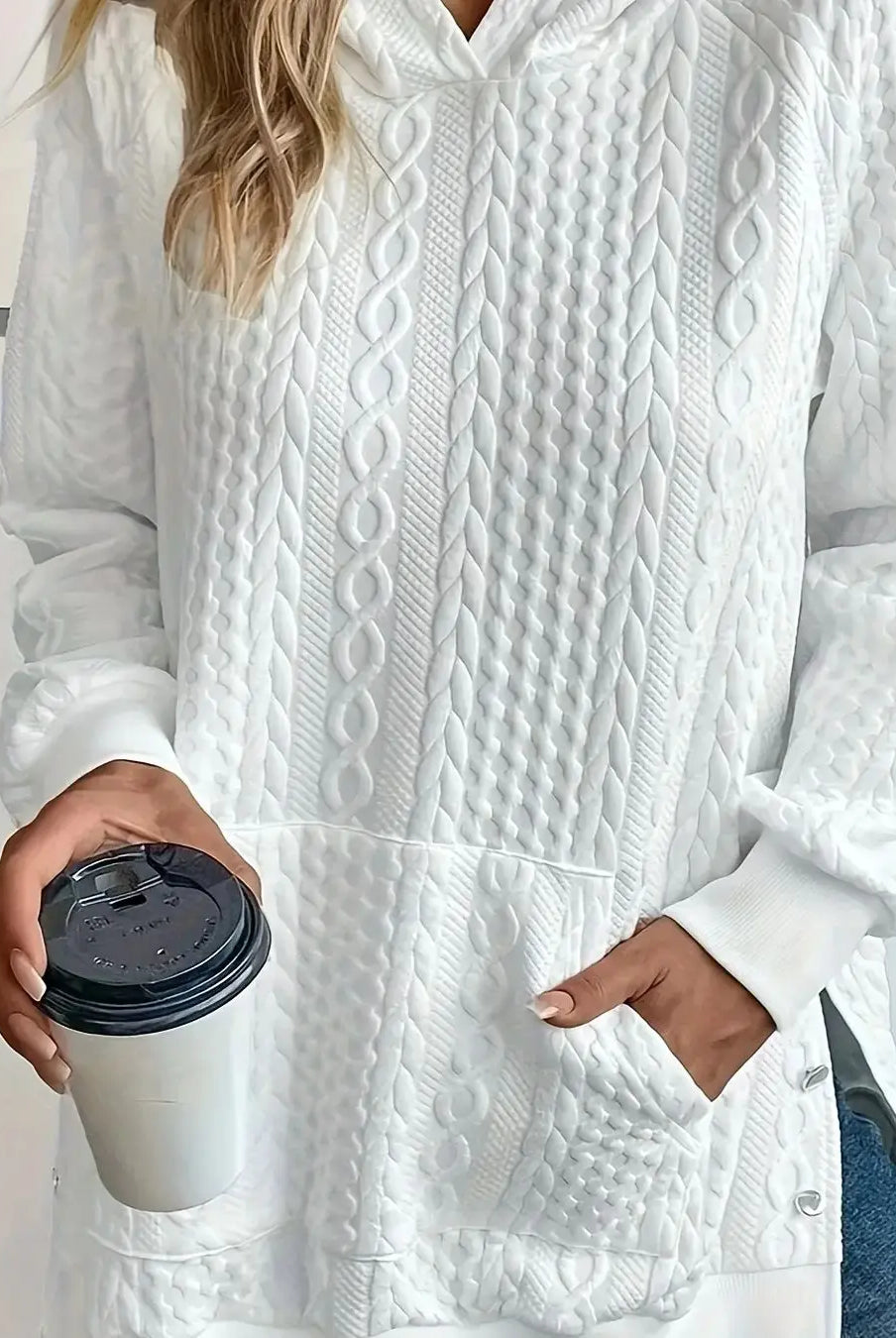 Plus Size Casual Sweatshirt Women's Plus Solid Cable Long Sleeve Button Hoodie with Pockets in white, made of soft knit fabric, worn casually.